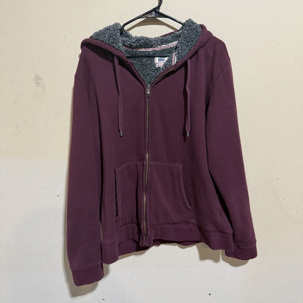 Lands End Serious Sweats Hoodie Mens L Large Full Zip Sherpa Lined Burgundy